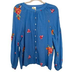 Fig & Flower Embroidered Boho Blouse M Blue Floral Peasant Top Cottagecore